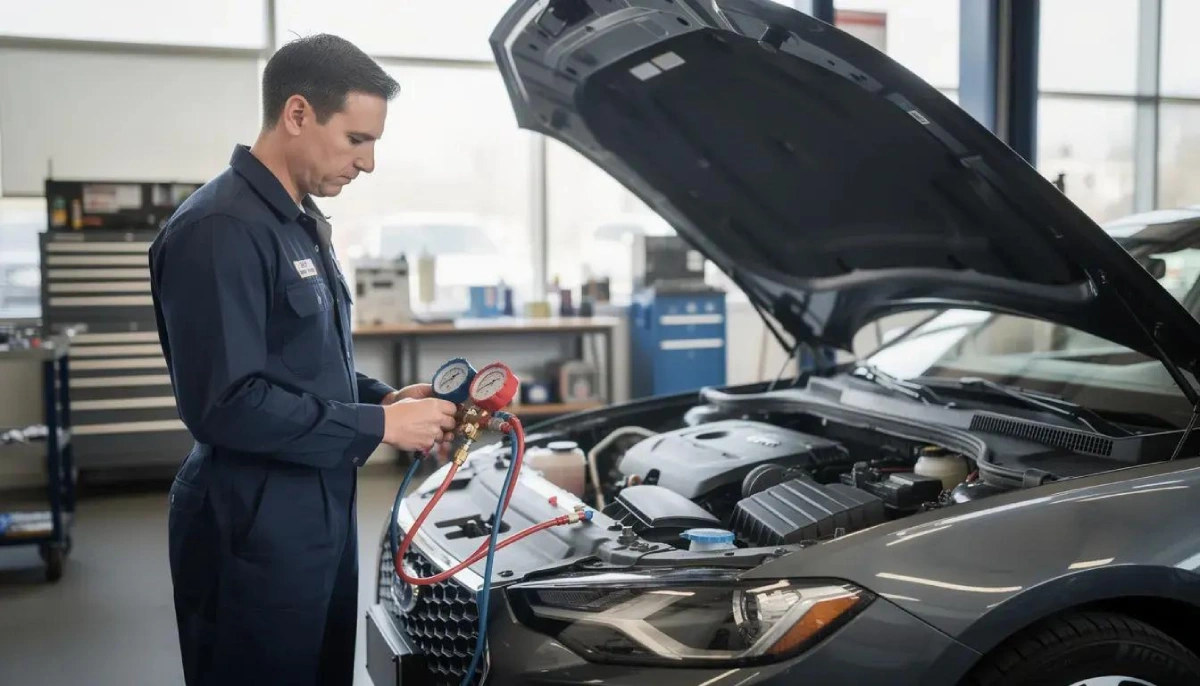 Reparación del aire acondicionado de un auto en Houston.