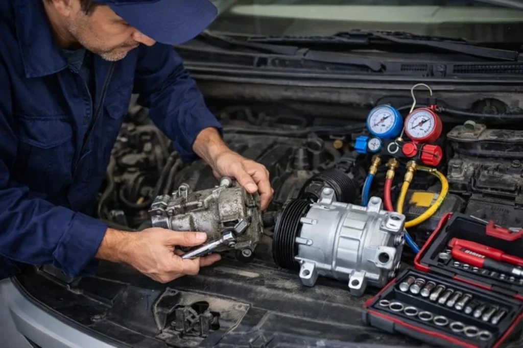 Compresor del sistema de aire acondicionado de un automóvil.