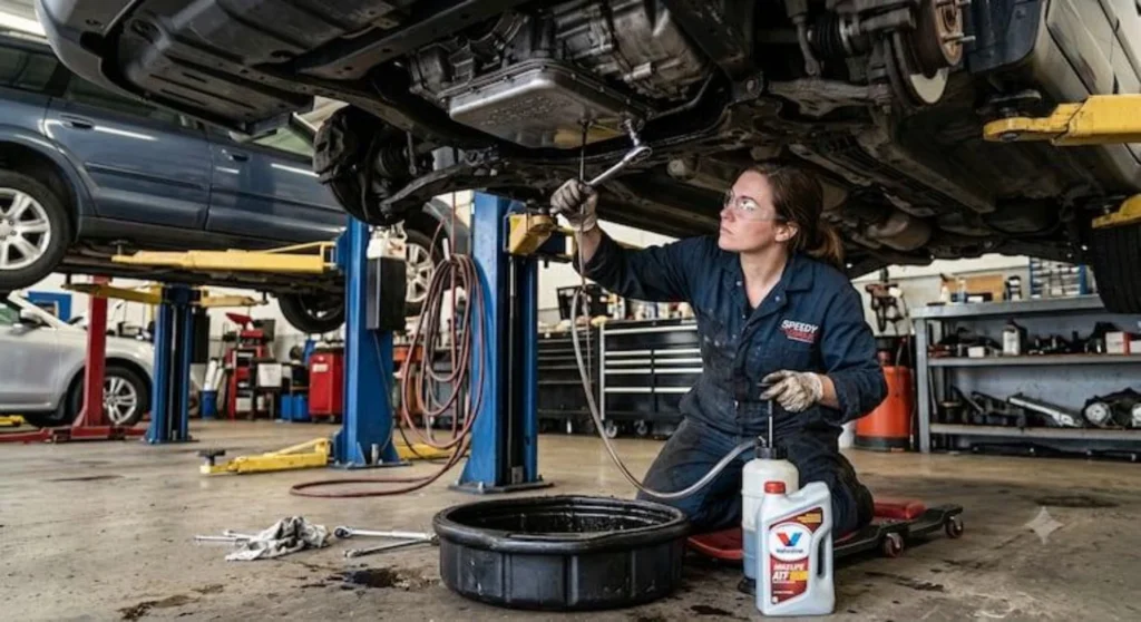 Técnico revisando el líquido de transmisión de un automóvil.